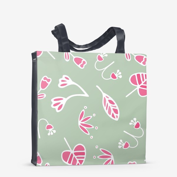 Сумка-шоппер «Розовые листочки, цветочки на зеленом фоне»