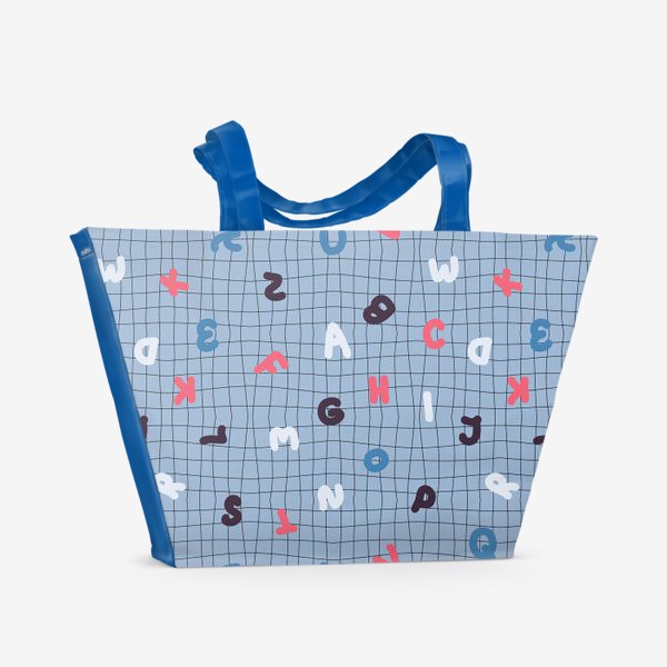 Пляжная сумка «Буквы и клетка, голубой»