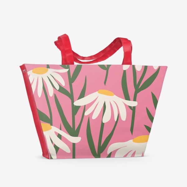 Пляжная сумка «Ромашки на розовом фоне»