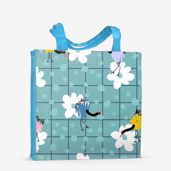 Сумка-шоппер «Журавли и цветы, голубой»