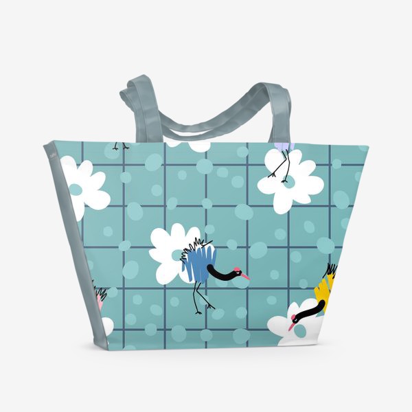 Пляжная сумка «Журавли и цветы, голубой»