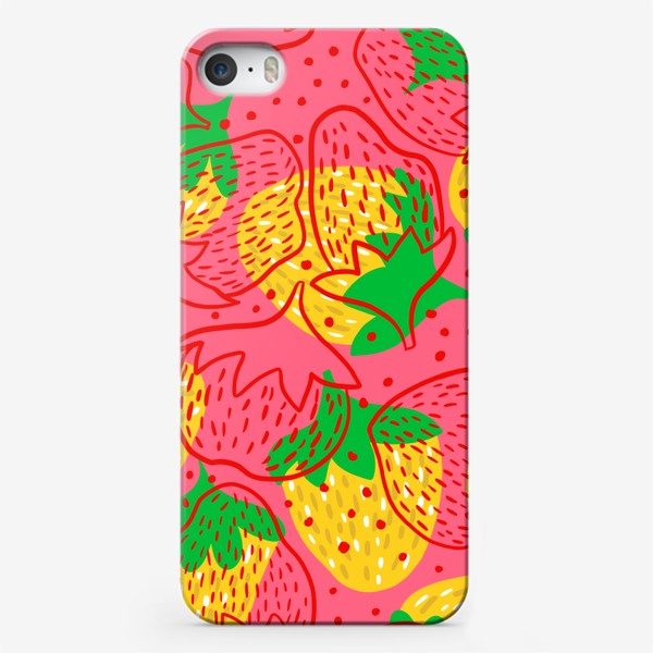 Чехол iPhone «Узор клубника красный желтый зелёный на розовом фоне лето»