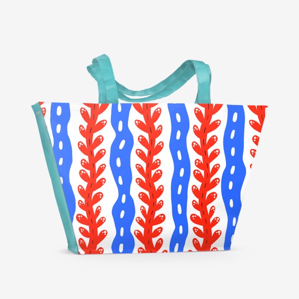 Пляжная сумка «Узор голубые волны красные цветы листочки белый фон»
