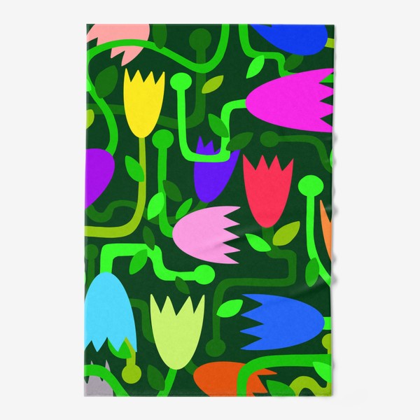 Полотенце «Узор абстракция цветы разноцветные на темно-зеленом фоне»