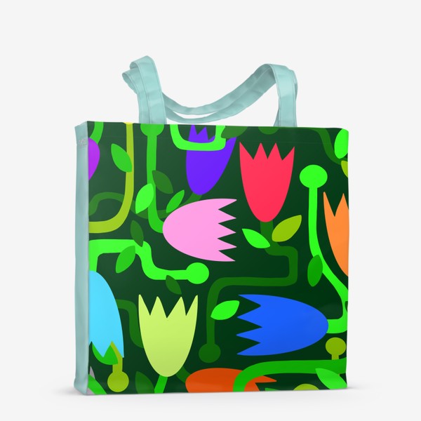 Сумка-шоппер «Узор абстракция цветы разноцветные на темно-зеленом фоне»