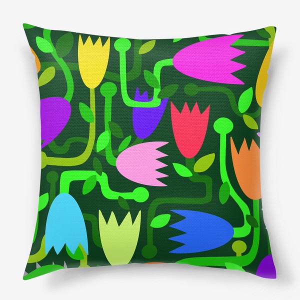 Подушка «Узор абстракция цветы разноцветные на темно-зеленом фоне»