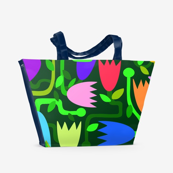 Пляжная сумка «Узор абстракция цветы разноцветные на темно-зеленом фоне»