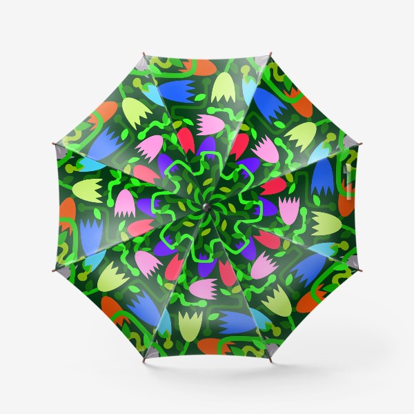 Зонт «Узор абстракция цветы разноцветные на темно-зеленом фоне»