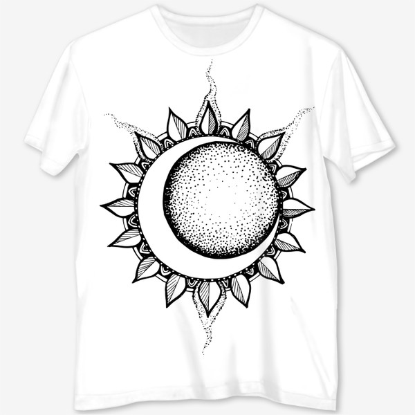 Футболка с полной запечаткой «затмение луны поверх солнца, серп месяца и мандала солнца черно белый рисунок »