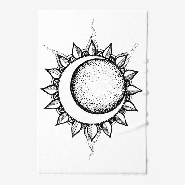 Полотенце «затмение луны поверх солнца, серп месяца и мандала солнца черно белый рисунок »