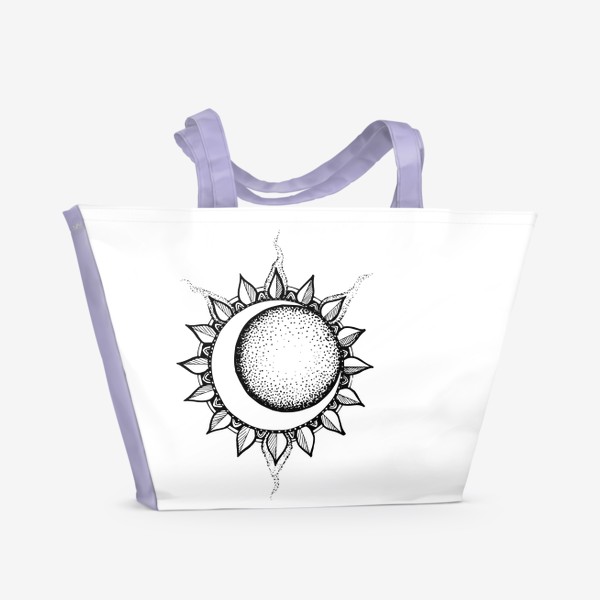 Пляжная сумка «затмение луны поверх солнца, серп месяца и мандала солнца черно белый рисунок »