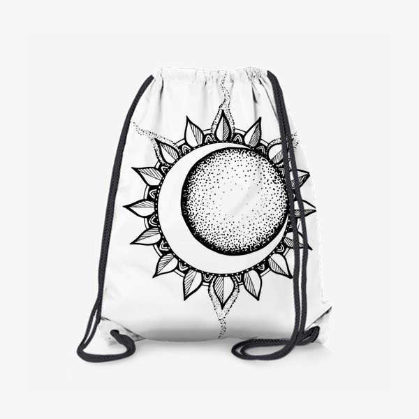 Рюкзак «затмение луны поверх солнца, серп месяца и мандала солнца черно белый рисунок »