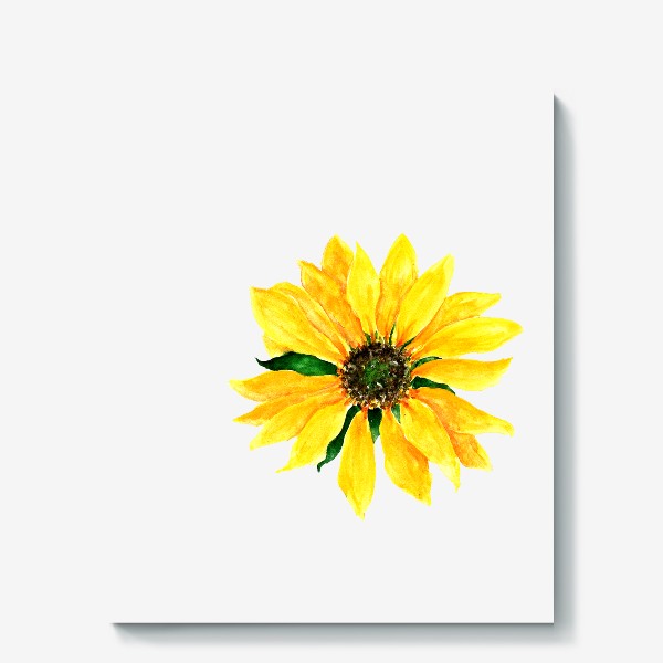Холст «цветок подсолнуха желтого цвета, рисунок акварелью с зелеными листьями летний »