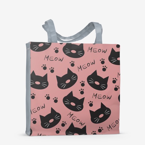 Сумка-шоппер «Мордочки котиков на розовом фоне, следы лап, мяу»