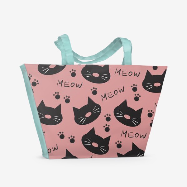 Пляжная сумка «Мордочки котиков на розовом фоне, следы лап, мяу»