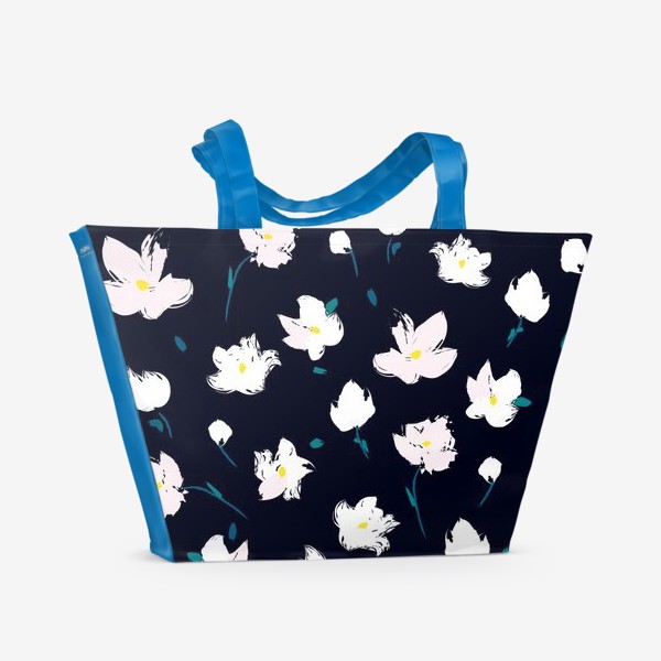 Пляжная сумка «белые цветы на чёрном»