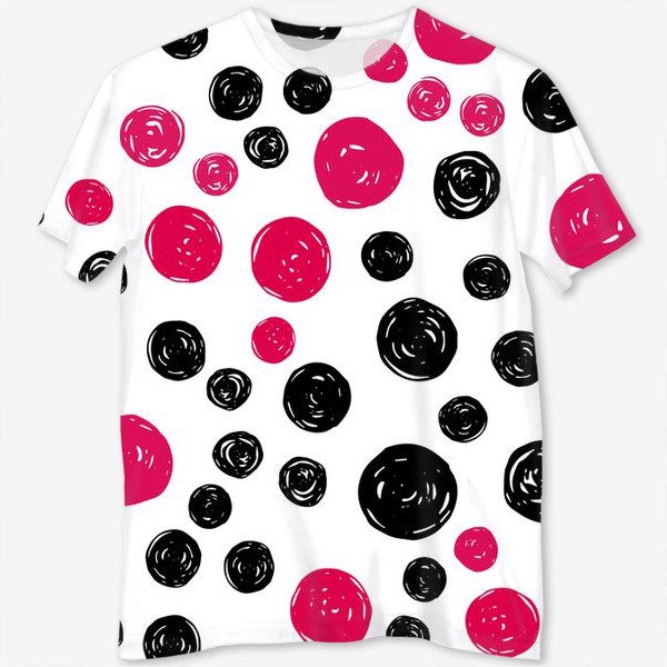 Футболка с полной запечаткой «Принт с розовыми и черными кругами на белом фоне»