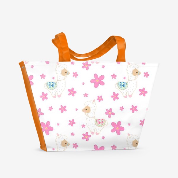 Пляжная сумка «Белые ламы с розовыми цветами»