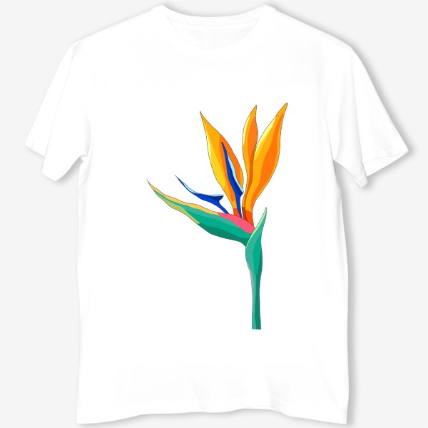 Футболка «Тропический цветок СТрелиция, райская птица в ярких цветах бирюзовый стебель и желтые лепести»