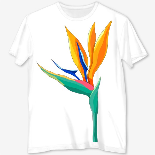 Футболка с полной запечаткой «Тропический цветок СТрелиция, райская птица в ярких цветах бирюзовый стебель и желтые лепести»
