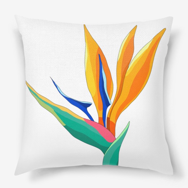 Подушка «Тропический цветок СТрелиция, райская птица в ярких цветах бирюзовый стебель и желтые лепести»