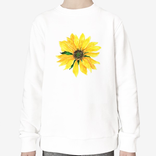 Свитшот «цветок подсолнуха желтого цвета, рисунок акварелью с зелеными листьями летний »