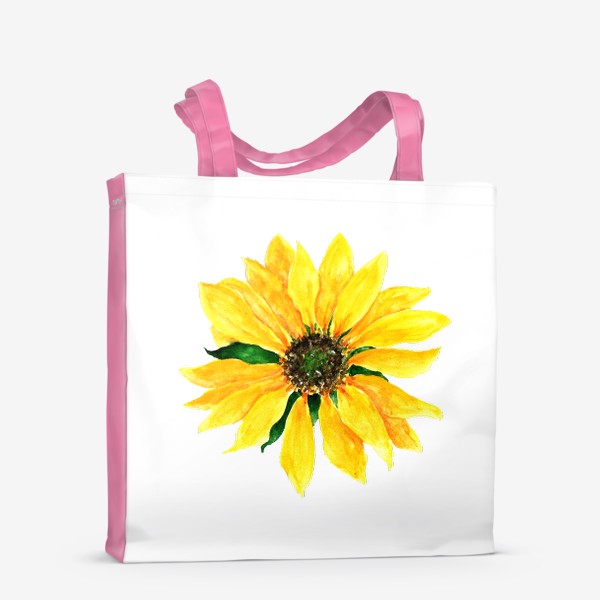 Сумка-шоппер «цветок подсолнуха желтого цвета, рисунок акварелью с зелеными листьями летний »