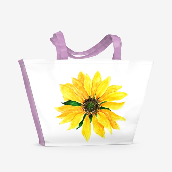 Пляжная сумка «цветок подсолнуха желтого цвета, рисунок акварелью с зелеными листьями летний »