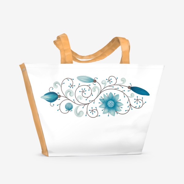 Пляжная сумка «Стилизованный цветочный мотив. Веточка с голубыми цветами и ягодами»