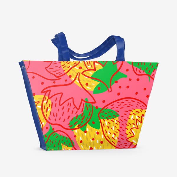 Пляжная сумка «Узор клубника красный желтый зелёный на розовом фоне лето»