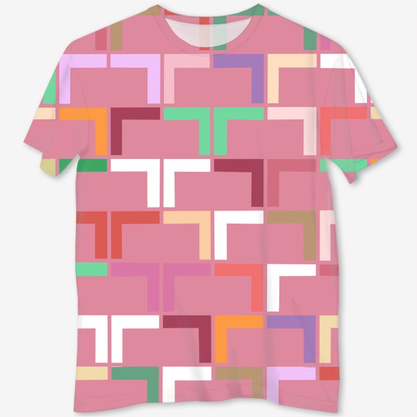 Футболка с полной запечаткой «Узор абстракция геометрический разноцветный на розовом фоне»
