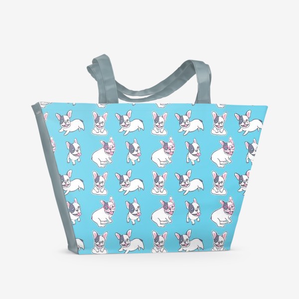 Пляжная сумка «Милые бульдожки на голубом фоне»