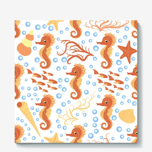 Холст «Морской конек оранжевый, ракушки и рыбки паттерн»