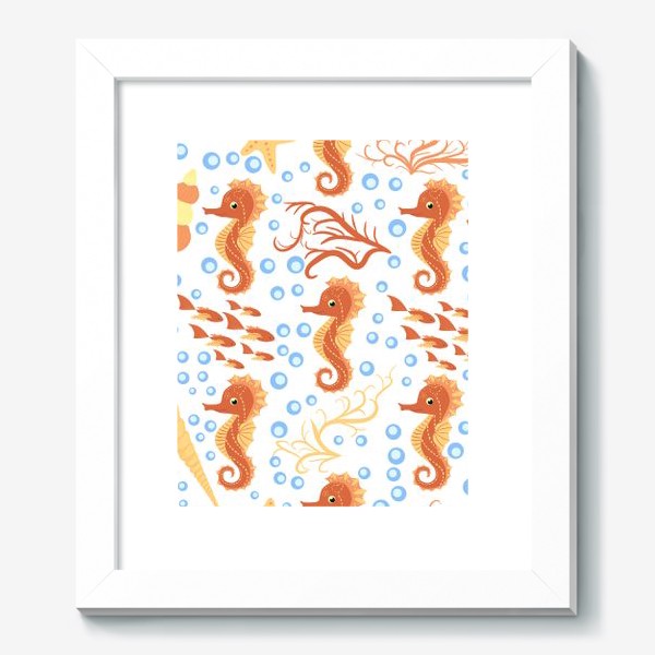 Картина «Морской конек оранжевый, ракушки и рыбки паттерн»