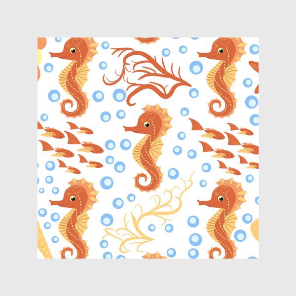 Шторы «Морской конек оранжевый, ракушки и рыбки паттерн»