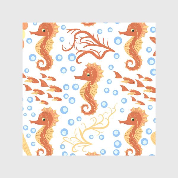 Скатерть «Морской конек оранжевый, ракушки и рыбки паттерн»
