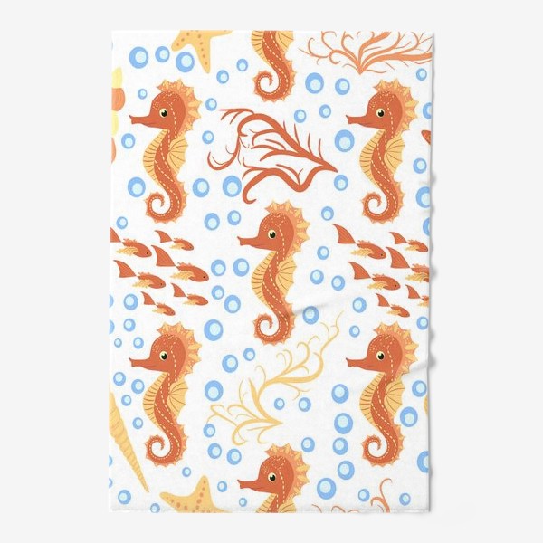 Полотенце «Морской конек оранжевый, ракушки и рыбки паттерн»