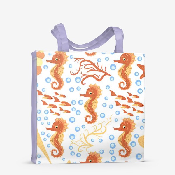 Сумка-шоппер «Морской конек оранжевый, ракушки и рыбки паттерн»