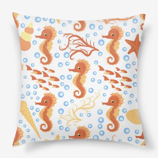 Подушка «Морской конек оранжевый, ракушки и рыбки паттерн»