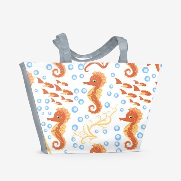 Пляжная сумка «Морской конек оранжевый, ракушки и рыбки паттерн»
