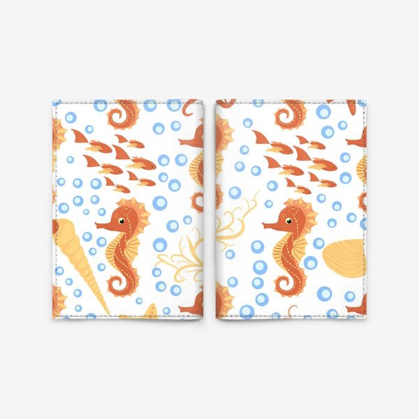 Обложка для паспорта «Морской конек оранжевый, ракушки и рыбки паттерн»