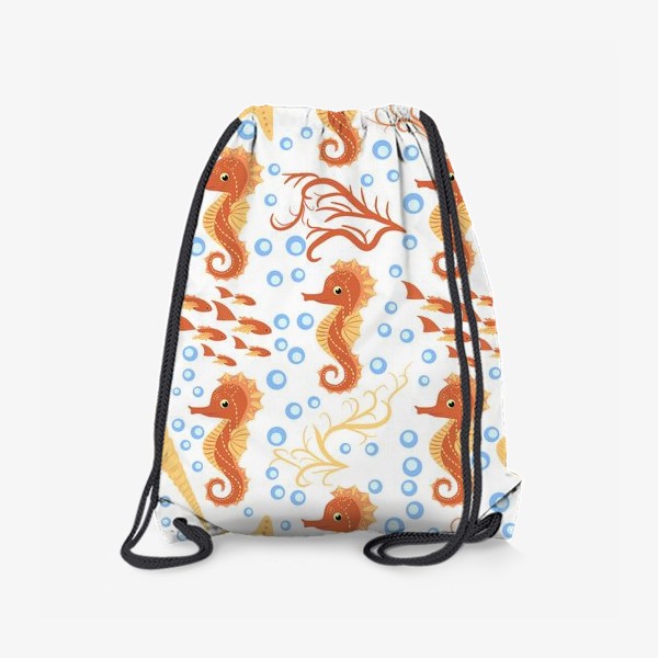 Рюкзак «Морской конек оранжевый, ракушки и рыбки паттерн»