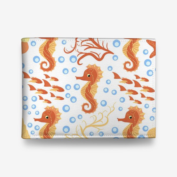 Кошелек «Морской конек оранжевый, ракушки и рыбки паттерн»