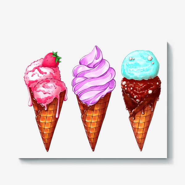 Холст «Три мороженки. Мороженое в рожках. Летнее настроение»