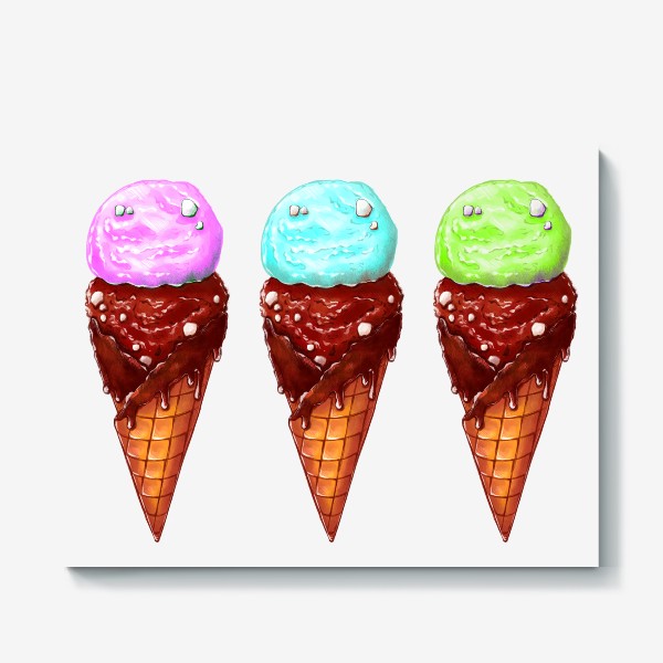Холст «Мороженое в рожках. Три мороженки. Летнее настроение »