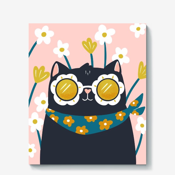 Холст «Кот в очках с цветами (абстракция)»