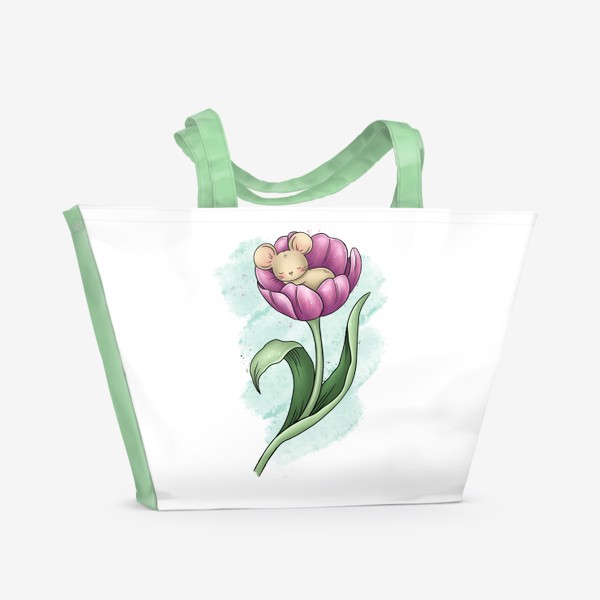 Пляжная сумка «Спящий мышонок в тюльпане»