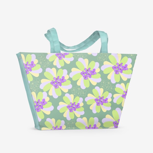 Пляжная сумка «Цветочный узор на зеленом фоне»