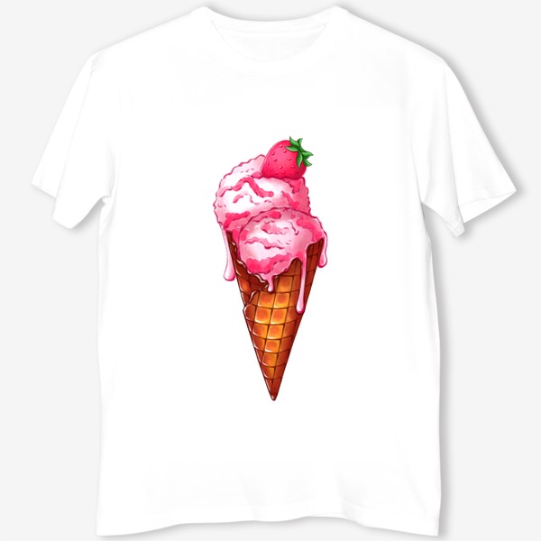 Футболка «Клубничное мороженое. Рожок мороженого с клубникой. Шарики мороженого в рожке.»