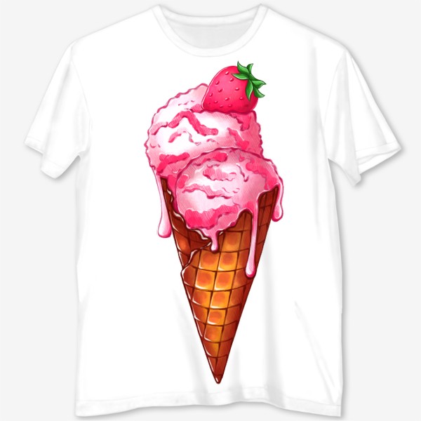 Футболка с полной запечаткой «Клубничное мороженое. Рожок мороженого с клубникой. Шарики мороженого в рожке.»